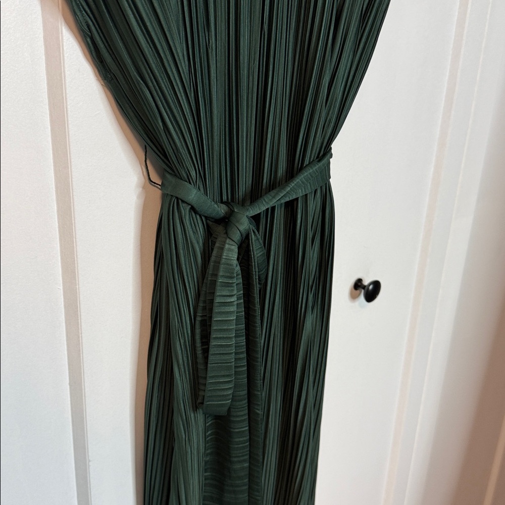 Elegant Sleeveless Pleated Maxi Dress with Self-Tie Waist - Dark Green - Picture 5 of 7
